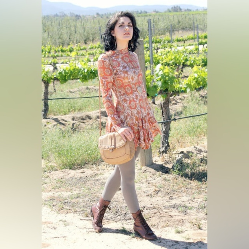 Free People Linen Blend Neutral Floral Print Mini Dress Tunic Top Blouse - Picture 2 of 8